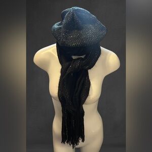🆑3/$25 & 4.99 2 Ship Woman’s 2Pc Black Silver Beanie Hat & Long Scarf Shimmer